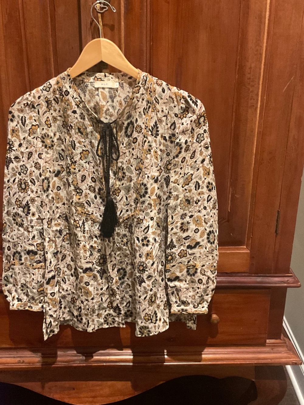 A.L.C.Hari Tassel Peasant  Blouse, 100% Silk , Multicolor Floral Pattern, Size 4